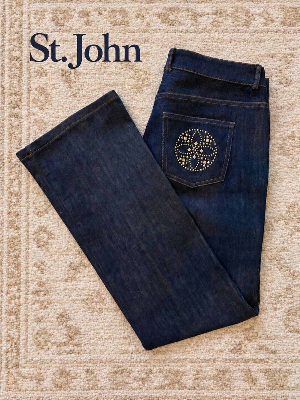 NWOT St John designer Jeans dark Wash Straight Leg Jeweled Pocket luxury, Sz 6 $